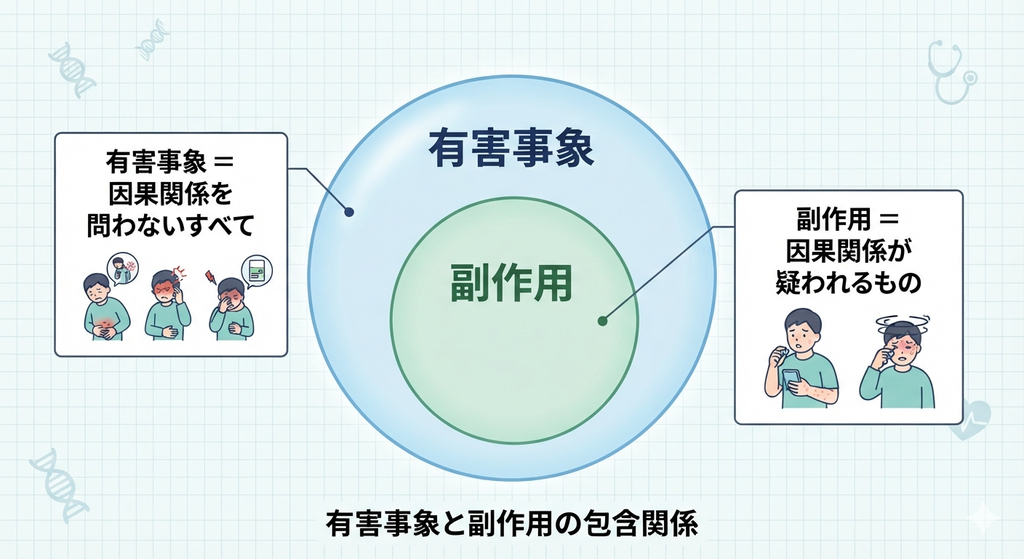 有害事象と副作用の違いを視覚的に示す教育用イラスト。