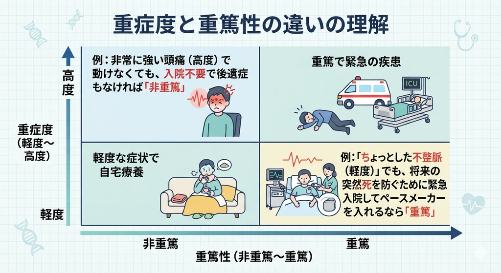 病気の重症度と重篤性の違いを視覚的に説明する教育用イラスト。