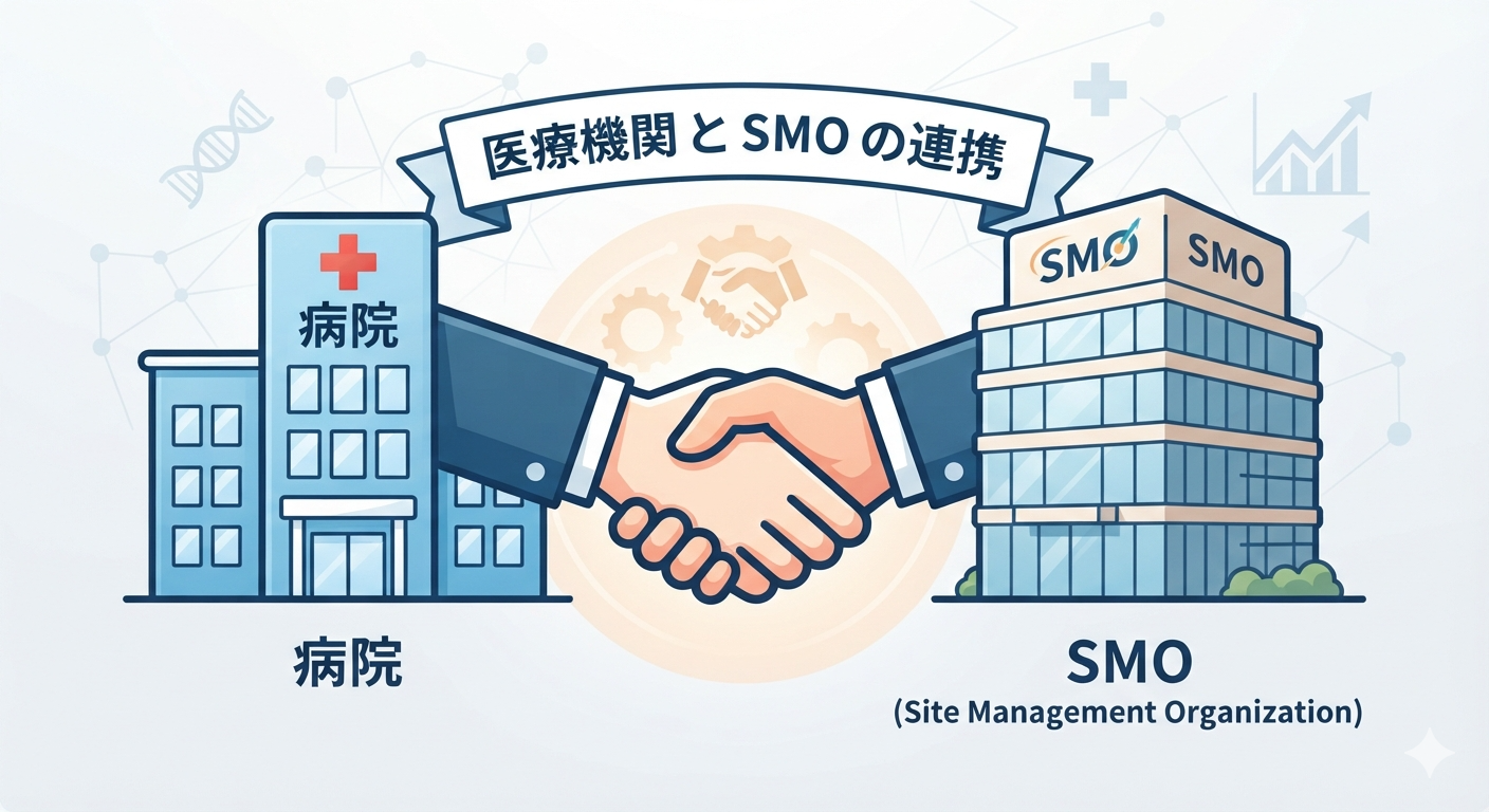 clinical-trial.jpg 病院とSMOの協力関係を示すイメージ。