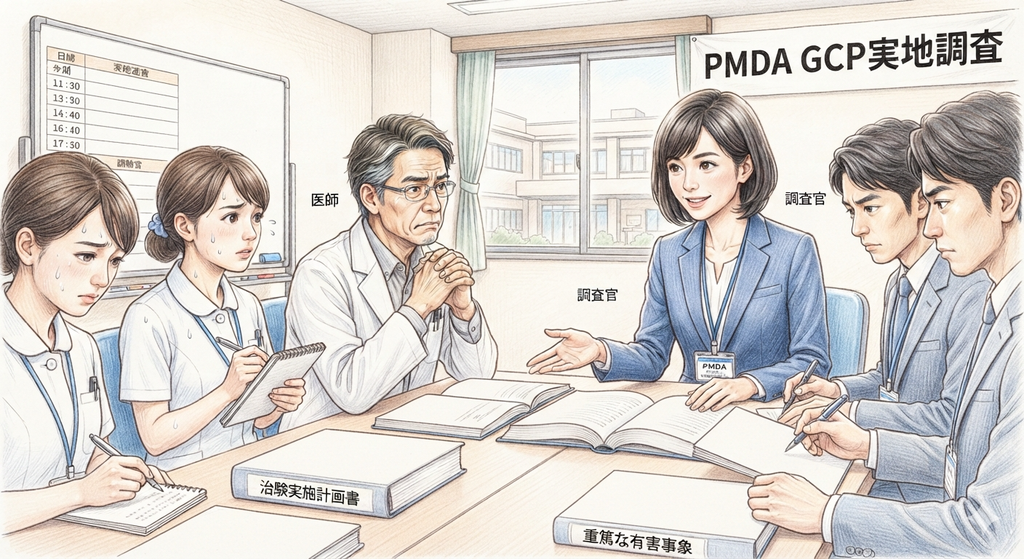 病院の会議室で行われるPMDAのGCP実地調査で、調査官の質問を受ける医師とCRCのイメージ