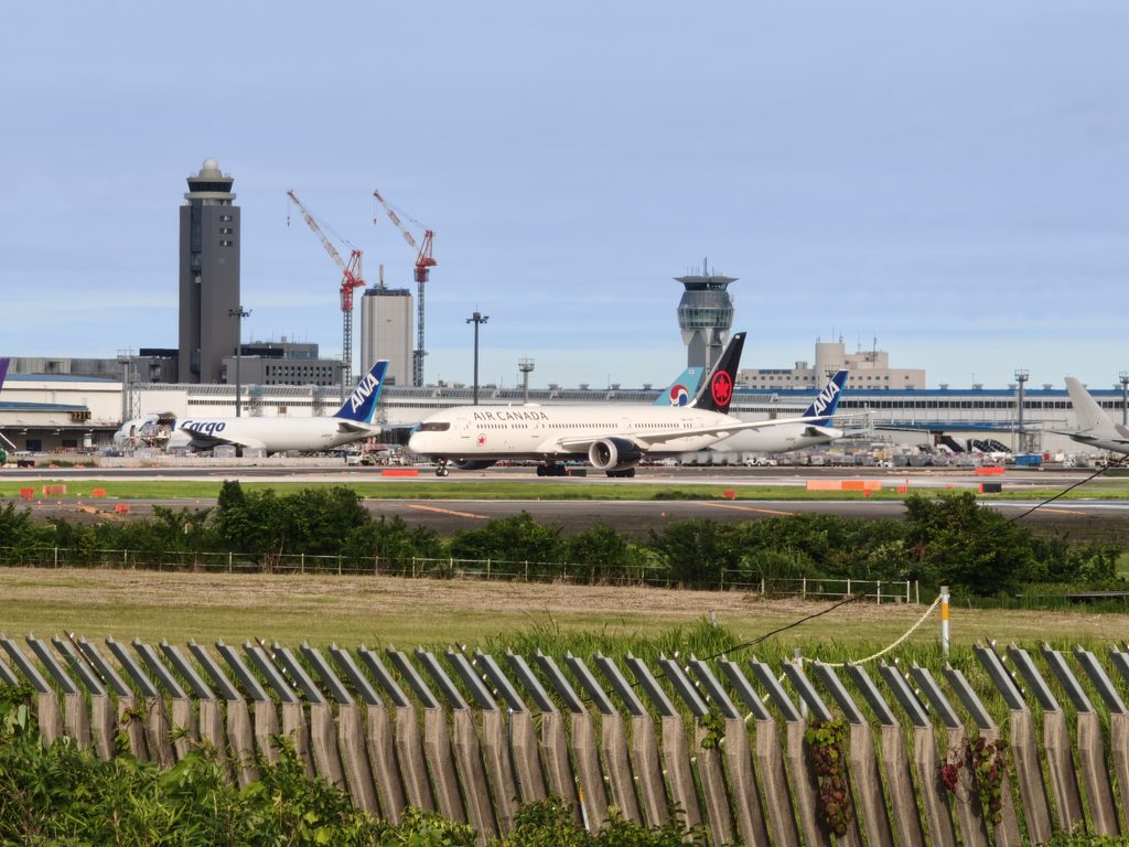 黒い尾翼と赤いメイプルリーフのロゴが特徴的なエアカナダの飛行機。成田市さくらの山公園からの景色