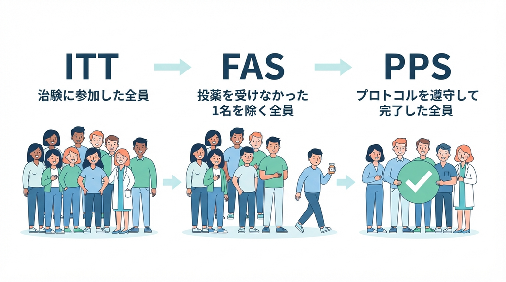 臨床試験におけるITT、FAS、PPSの違いを示す図。参加者のグループが段階的に絞り込まれる様子をイラストで説明。
