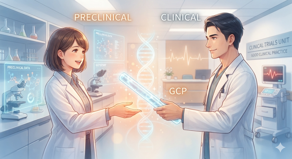 非臨床試験から臨床試験への移行を象徴するアニメ風イラストで、白衣の男女研究者がデータを受け渡し、背景にDNAとGCPの文字が浮かぶ未来的な研究シーン